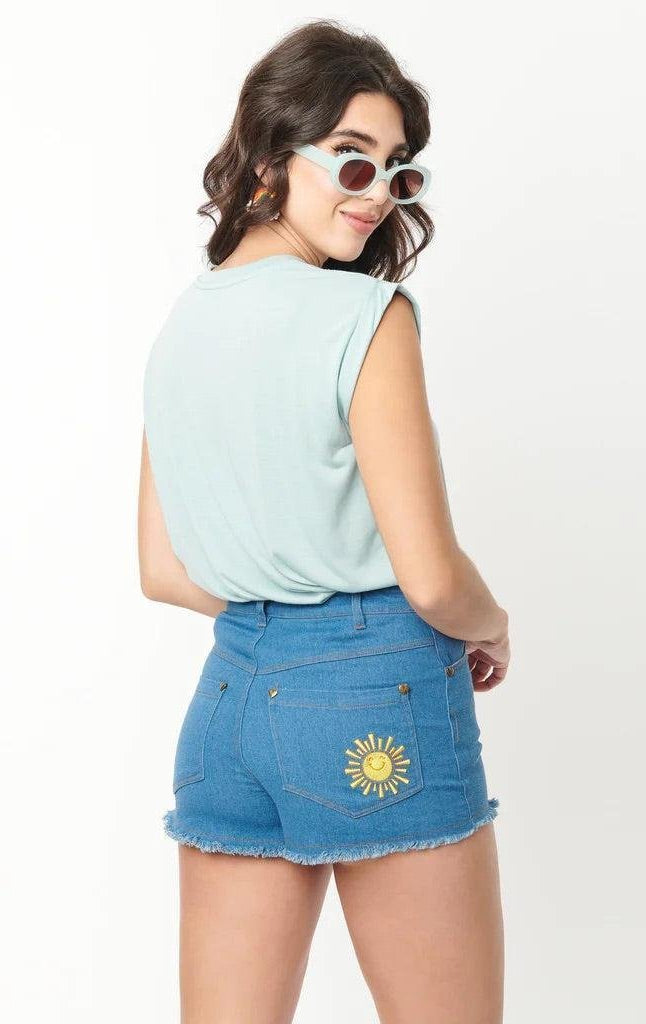 Shop Unique Vintage Care Bears x Unique Vintage Funshine Denim Shorts Shorts for women – premium loungewear and festival fashion at Spoiled Brat