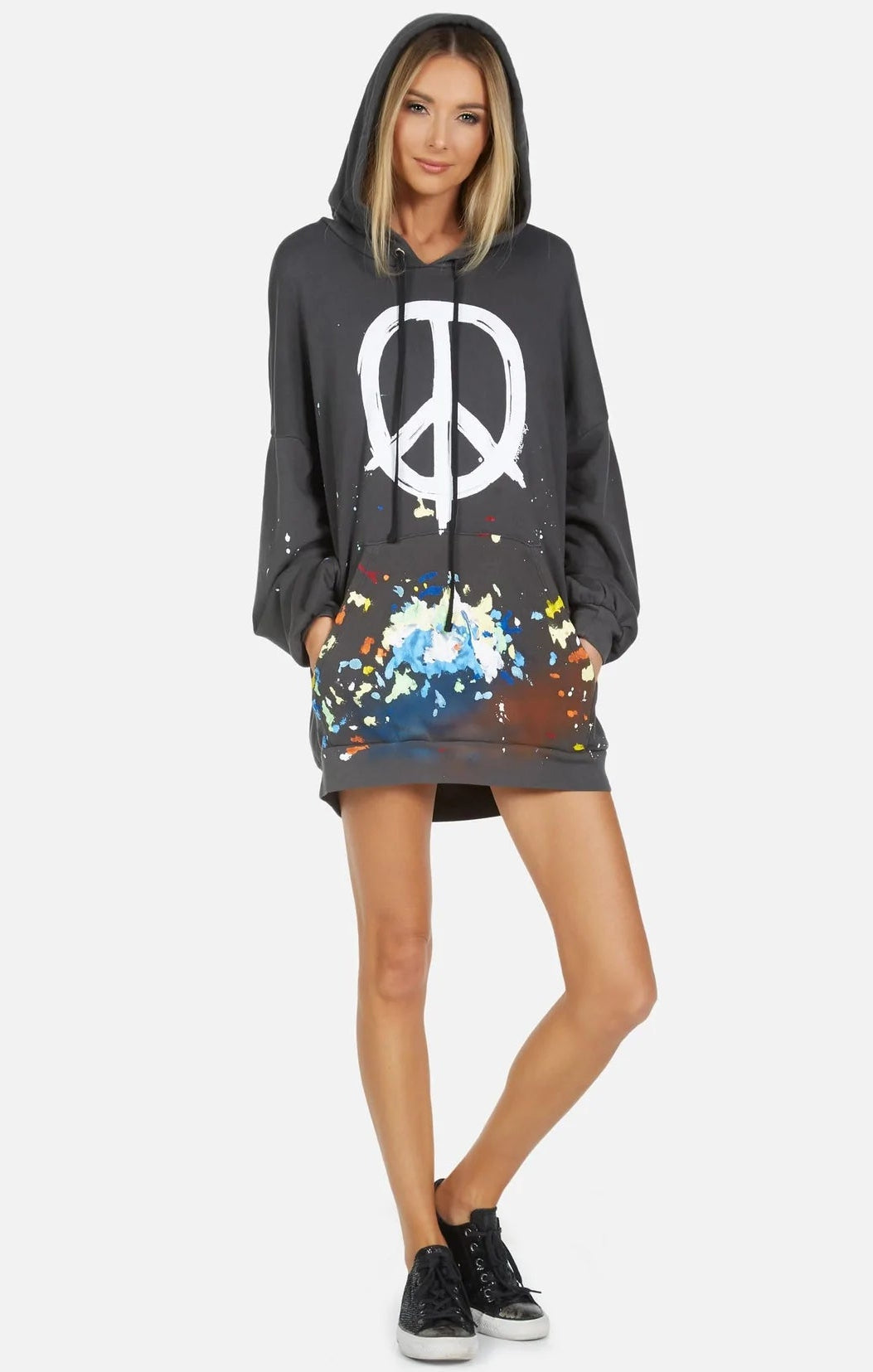 Shop Lauren Moshi Lauren Moshi Desiree Brush Peace Hoodie Dress Hooded Sweatshirt for women – premium loungewear and festival fashion at Spoiled Brat