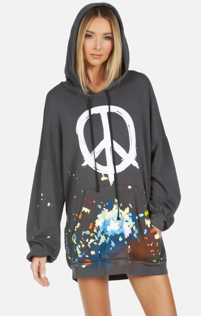 Shop Lauren Moshi Lauren Moshi Desiree Brush Peace Hoodie Dress Hooded Sweatshirt for women – premium loungewear and festival fashion at Spoiled Brat