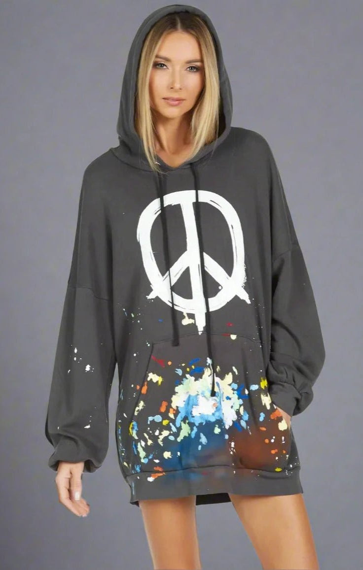 Shop Lauren Moshi Lauren Moshi Desiree Brush Peace Hoodie Dress Hooded Sweatshirt for women – premium loungewear and festival fashion at Spoiled Brat