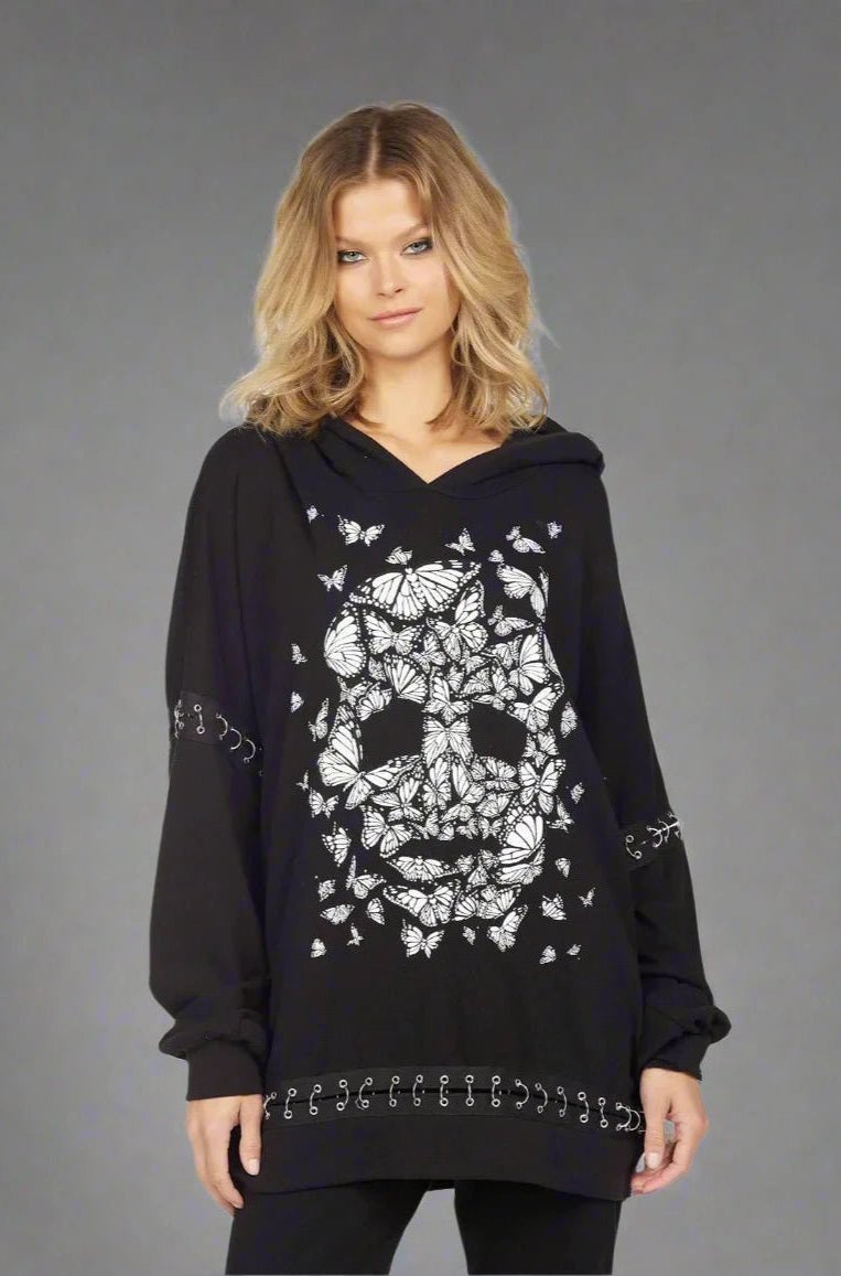 Shop Lauren Moshi Lauren Moshi Samantha Butterfly Skull Burst Hoodie Wrap Cardigan for women – premium loungewear and festival fashion at Spoiled Brat