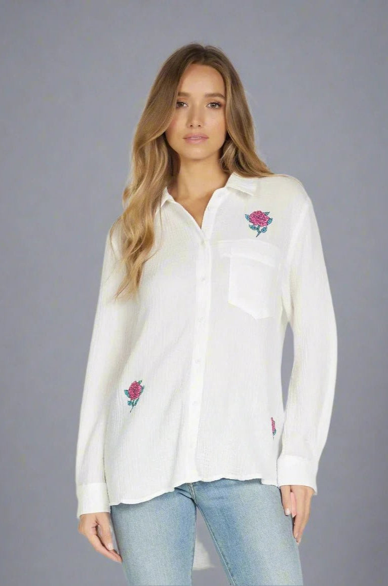 Shop Lauren Moshi Lauren Moshi Dara Crystal Roses Shirt Denim Shirt for women – premium loungewear and festival fashion at Spoiled Brat