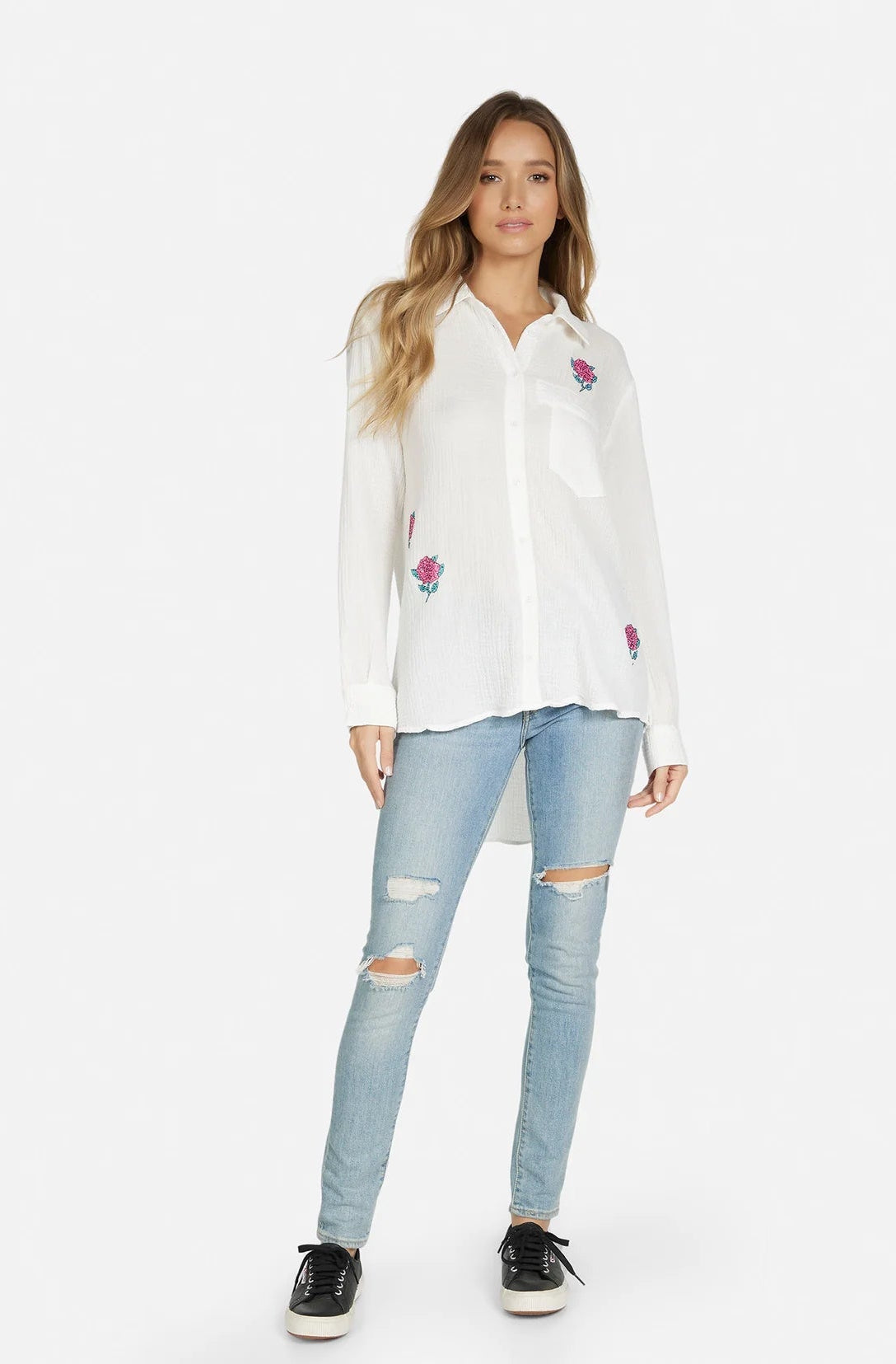 Shop Lauren Moshi Lauren Moshi Dara Crystal Roses Shirt Denim Shirt for women – premium loungewear and festival fashion at Spoiled Brat
