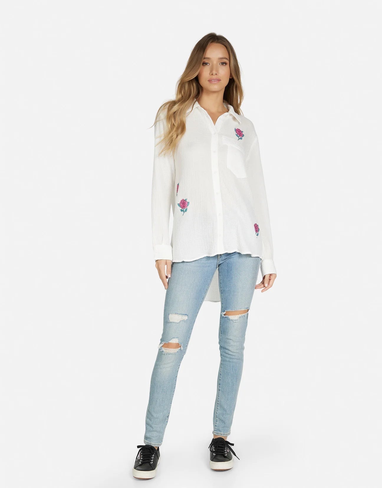 Shop Lauren Moshi Lauren Moshi Dara Crystal Roses Shirt Denim Shirt for women – premium loungewear and festival fashion at Spoiled Brat
