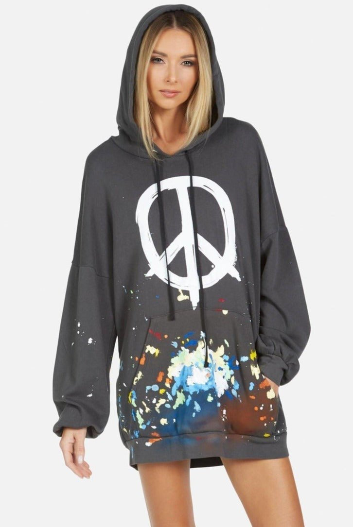 Shop Lauren Moshi Lauren Moshi Desiree Brush Peace Hoodie Dress Hooded Sweatshirt for women – premium loungewear and festival fashion at Spoiled Brat