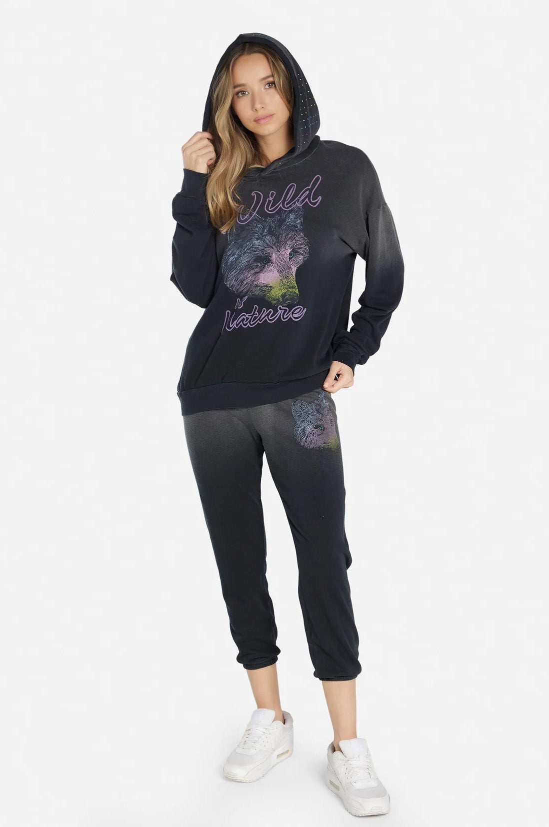 Shop Lauren Moshi Lauren Moshi Harmony Wild Wolf Hooded Sweatshirt Sweater for women – premium loungewear and festival fashion at Spoiled Brat