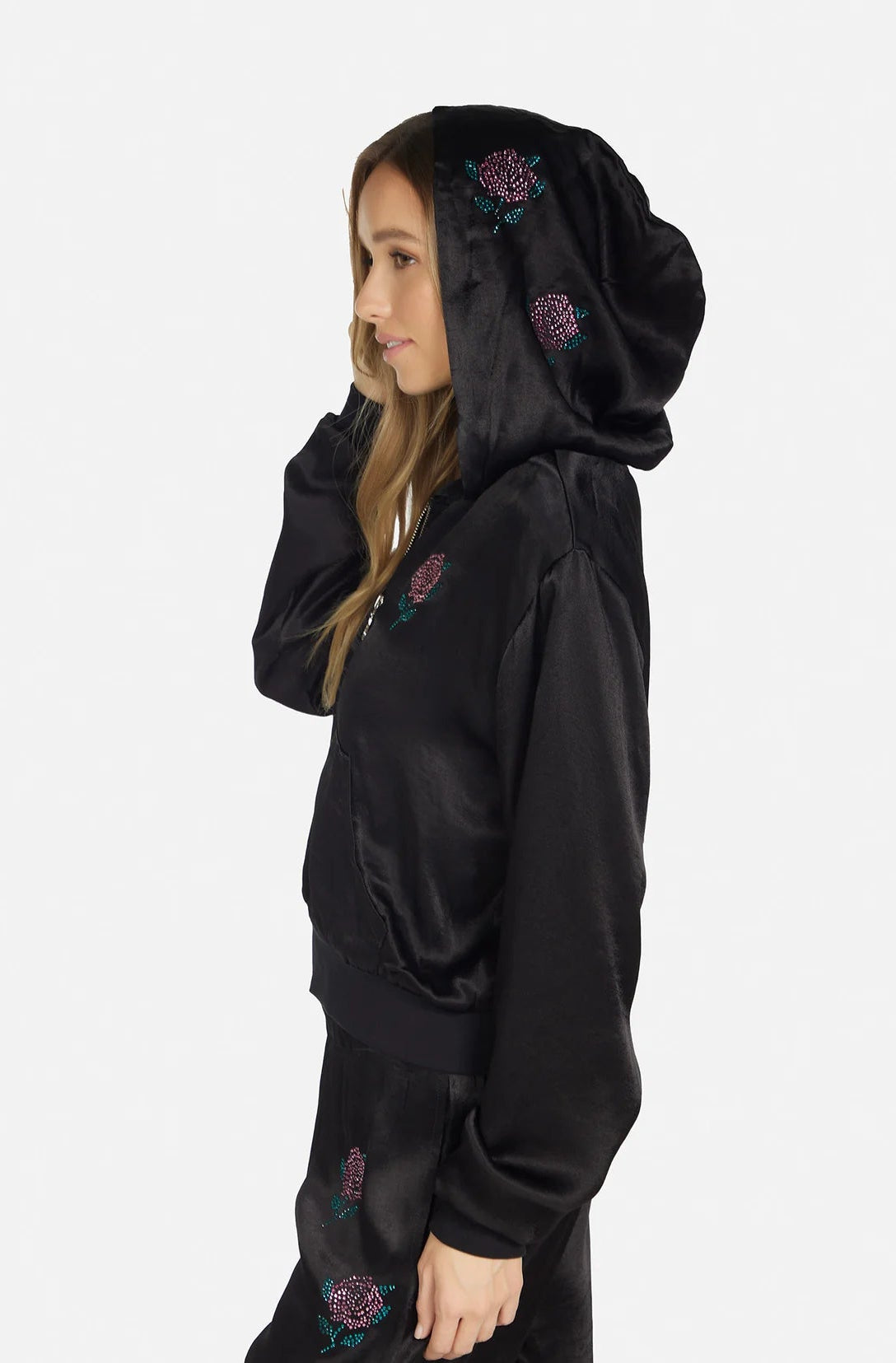 Lauren Moshi Kathleen Crystal Roses Satin Bomber Jacket Jacket by Lauren Moshi as seen on celebrities