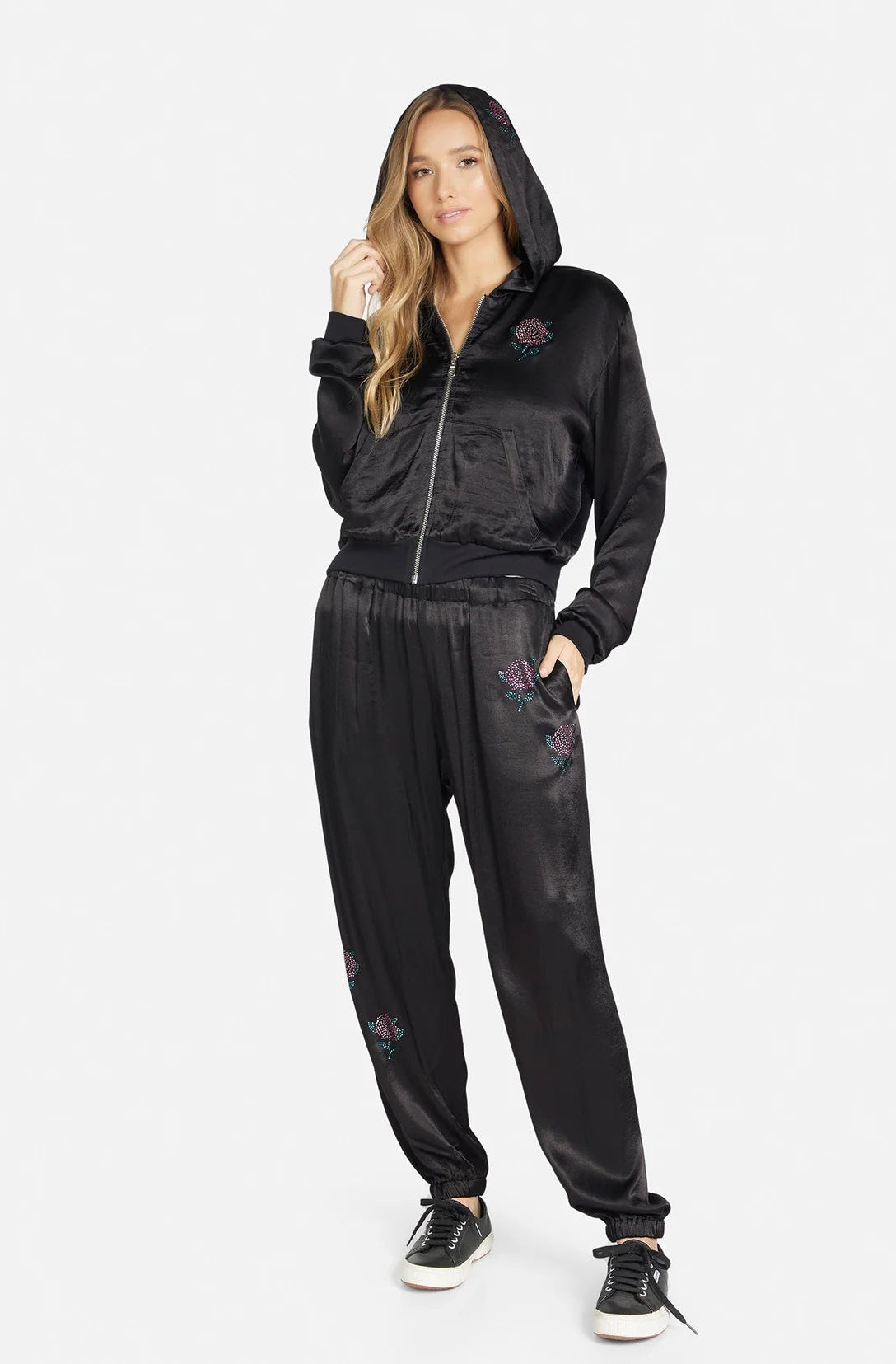 Shop Lauren Moshi Lauren Moshi Kathleen Crystal Roses Satin Bomber Jacket Jacket for women – premium loungewear and festival fashion at Spoiled Brat