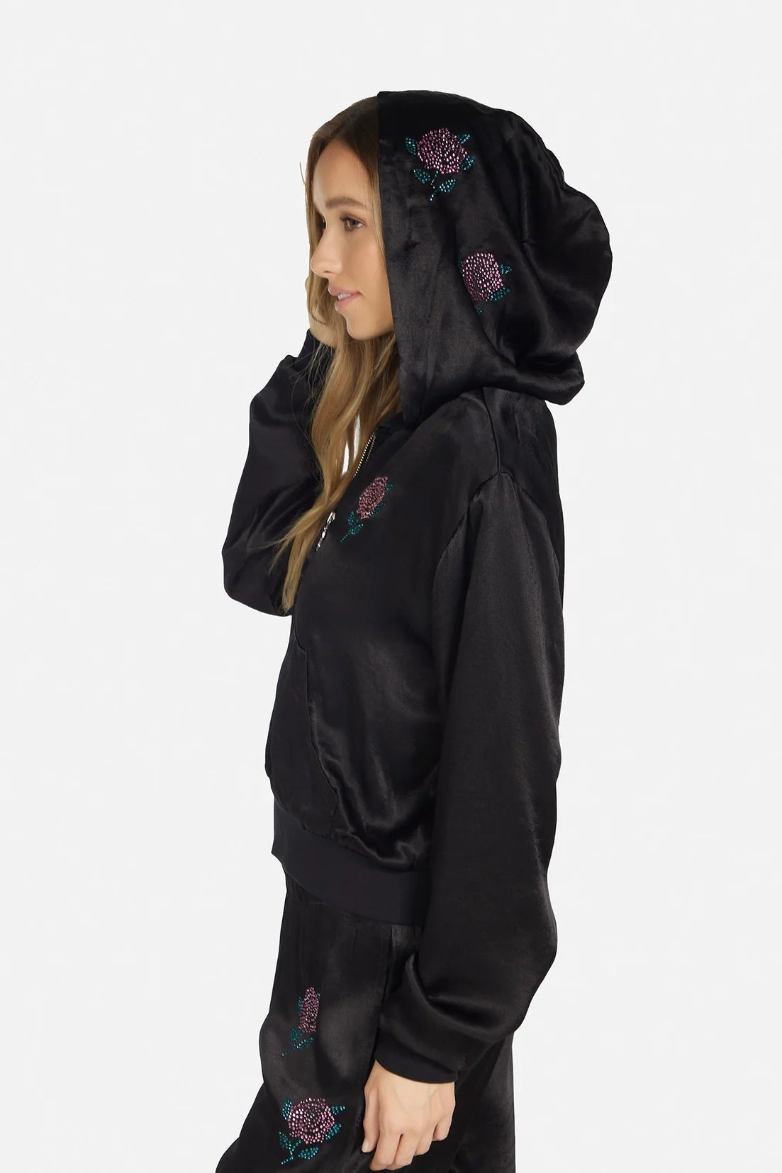 Shop Lauren Moshi Lauren Moshi Kathleen Crystal Roses Satin Bomber Jacket Jacket for women – premium loungewear and festival fashion at Spoiled Brat