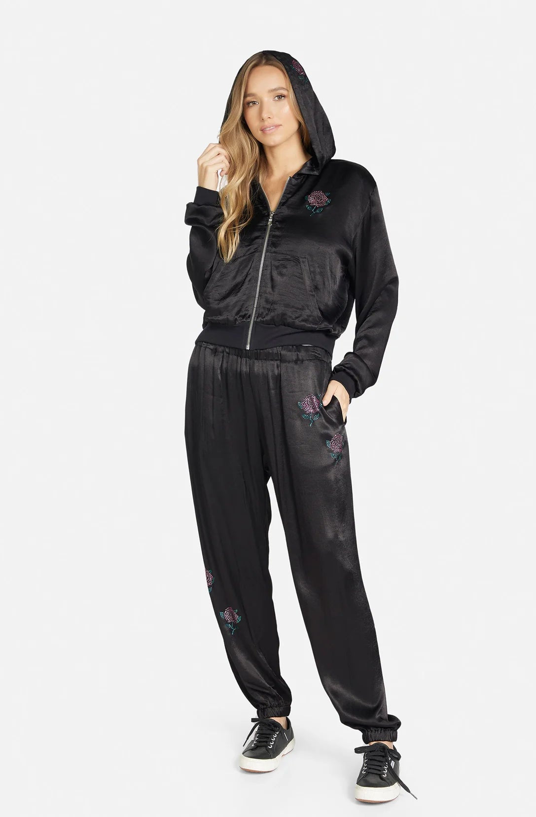 Lauren Moshi Kathleen Crystal Roses Satin Bomber Jacket Jacket by Lauren Moshi as seen on celebrities