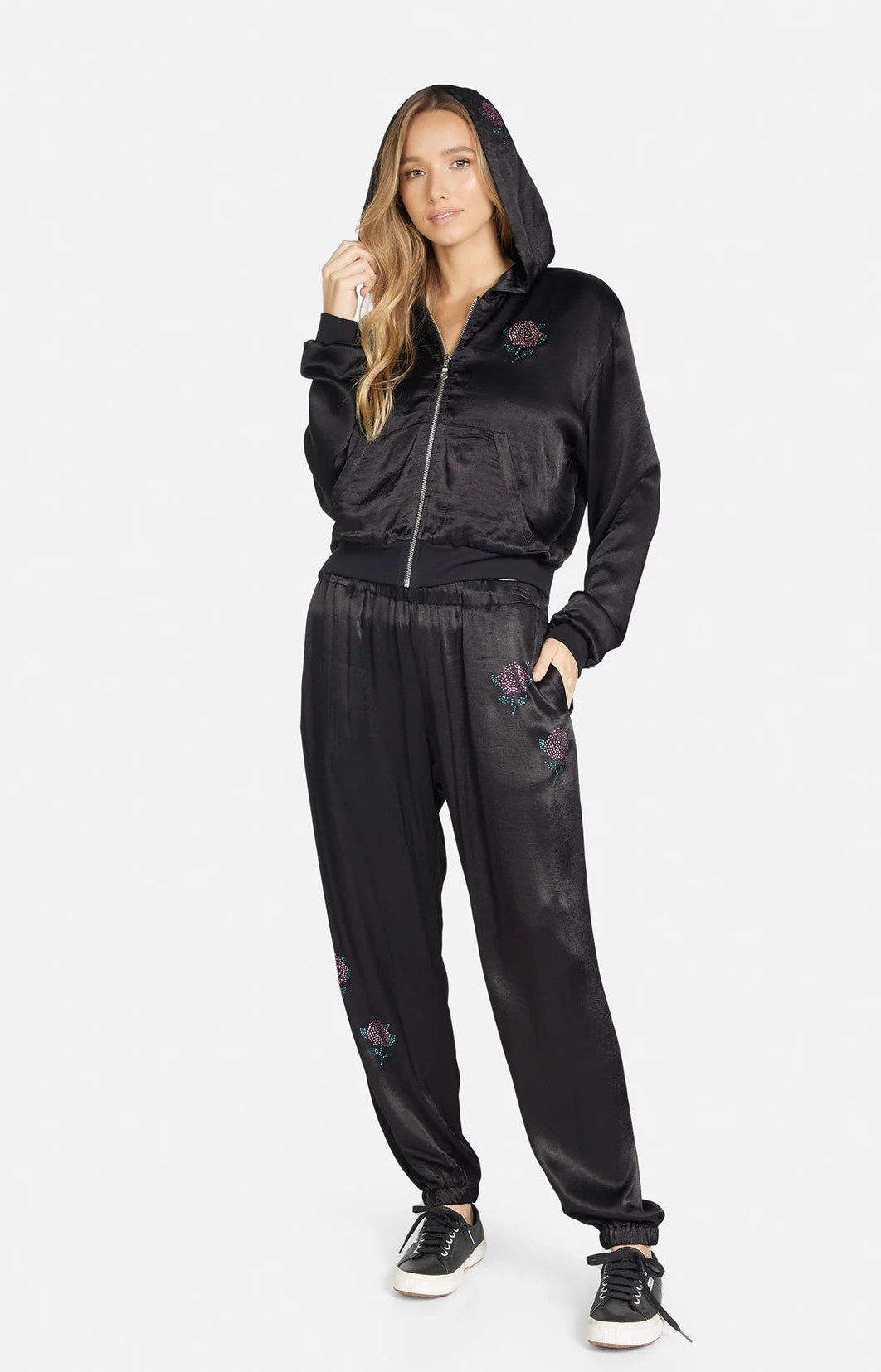 Lauren Moshi Kathleen Crystal Roses Satin Bomber Jacket Jacket by Lauren Moshi as seen on celebrities