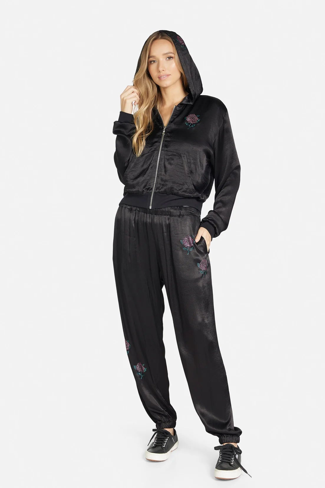 Lauren Moshi Kathleen Crystal Roses Satin Bomber Jacket Jacket by Lauren Moshi as seen on celebrities