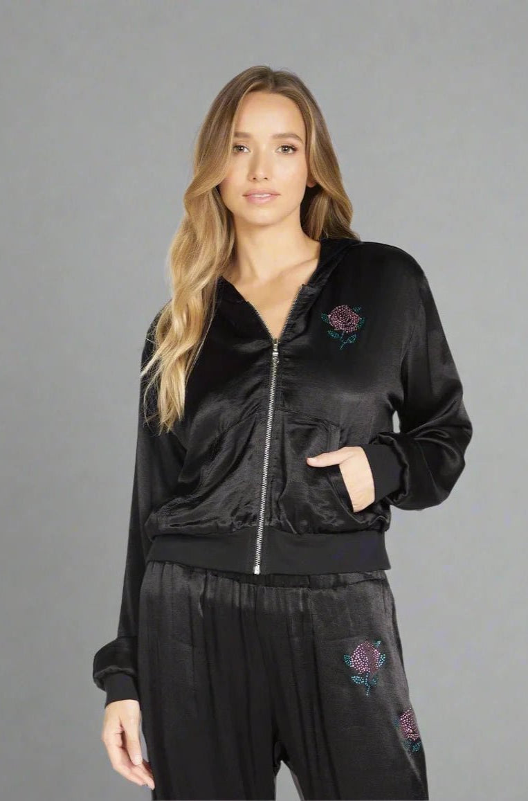 Shop Lauren Moshi Lauren Moshi Kathleen Crystal Roses Satin Bomber Jacket Jacket for women – premium loungewear and festival fashion at Spoiled Brat