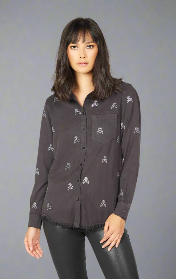 Lauren Moshi Sloane Mini Crystal Cross Bone Skulls Shirt Denim Shirt by Lauren Moshi as seen on celebrities