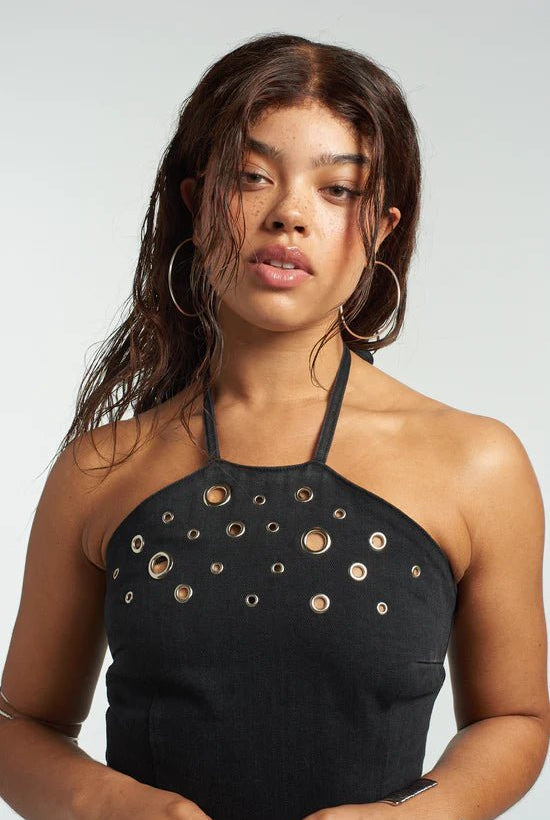 The Ragged Priest Coyote Rivet Denim Halter Dress by The Ragged Priest – Mini Dress – Black | Spoiled Brat UK
