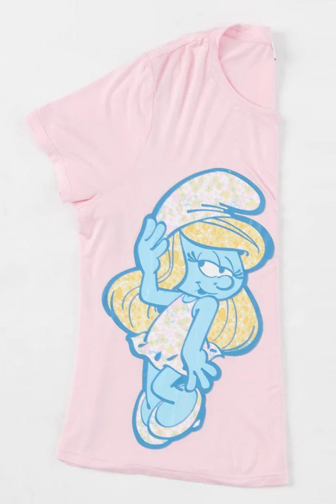 Shop Unique Vintage The Smurfs x Unique Vintage Pink Smurfs Fitted Tee Top for women – premium loungewear and festival fashion at Spoiled Brat