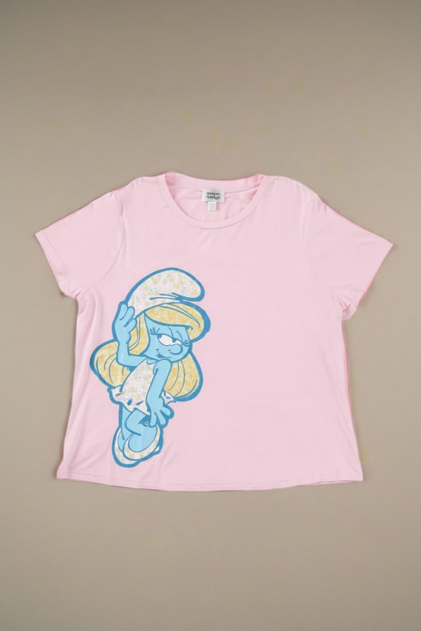 Shop Unique Vintage The Smurfs x Unique Vintage Pink Smurfs Fitted Tee Top for women – premium loungewear and festival fashion at Spoiled Brat