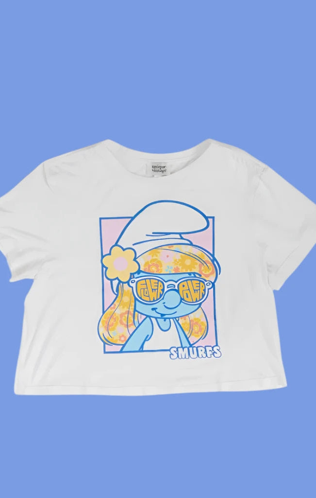 The Smurfs x Unique Vintage White Cropped Graphic Tee Top by Unique Vintage as seen on celebrities