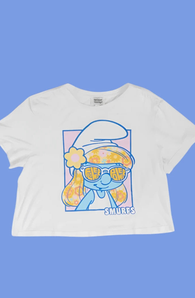 The Smurfs x Unique Vintage White Cropped Graphic Tee Top by Unique Vintage as seen on celebrities