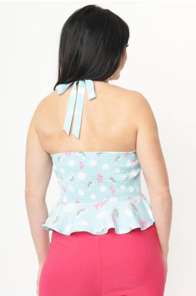 Unique Vintage Aqua & Rainbow Print Peplum Halter Top Top by Unique Vintage as seen on celebrities