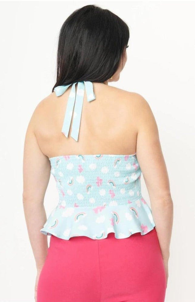 Unique Vintage Aqua & Rainbow Print Peplum Halter Top Top by Unique Vintage as seen on celebrities