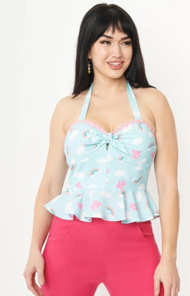 Unique Vintage Aqua & Rainbow Print Peplum Halter Top Top by Unique Vintage as seen on celebrities