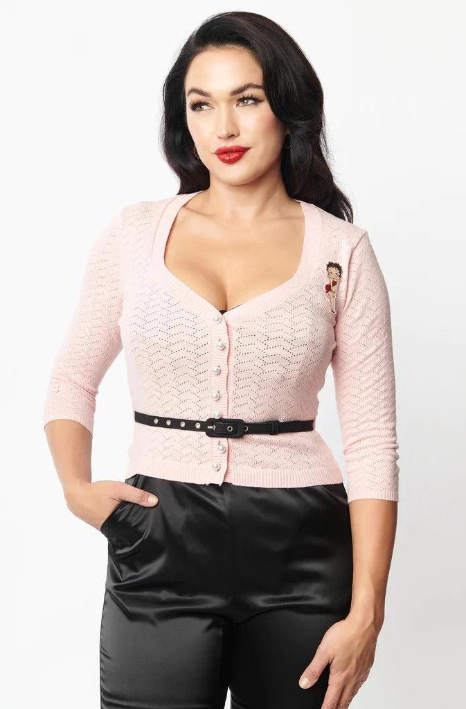 Unique Vintage Betty Boop x Unique Vintage Light Pink Sweetheart Cardigan Cardigan by Unique Vintage as seen on celebrities