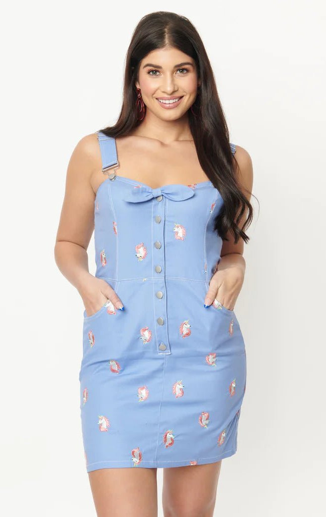 Unique Vintage Periwinkle Denim & Unicorn Fitted Pinafore Dress by Unique Vintage as seen on celebrities