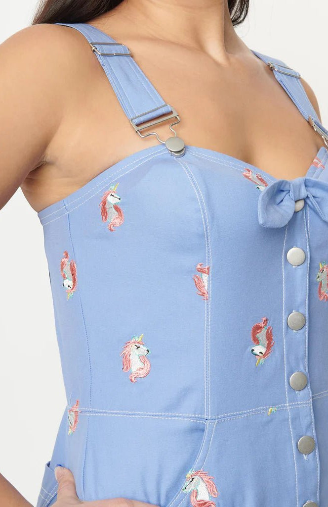 Unique Vintage Periwinkle Denim & Unicorn Fitted Pinafore Dress by Unique Vintage as seen on celebrities