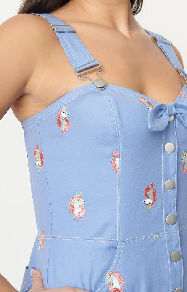 Unique Vintage Periwinkle Denim & Unicorn Fitted Pinafore Dress by Unique Vintage as seen on celebrities