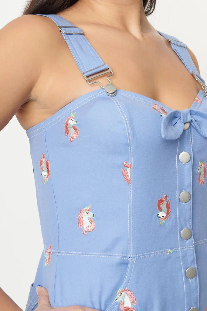 Unique Vintage Periwinkle Denim & Unicorn Fitted Pinafore Dress by Unique Vintage as seen on celebrities