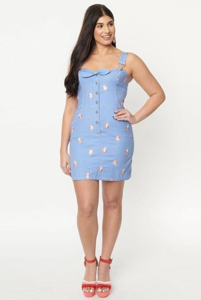 Shop Unique Vintage Unique Vintage Periwinkle Denim & Unicorn Fitted Pinafore Dress for women – premium loungewear and festival fashion at Spoiled Brat