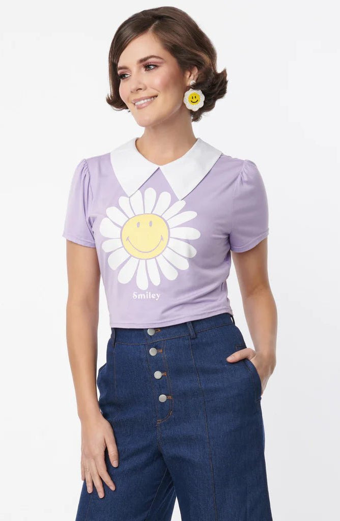 Shop Unique Vintage Unique Vintage x Smiley® Purple Flower Tee Top Top for women – premium loungewear and festival fashion at Spoiled Brat