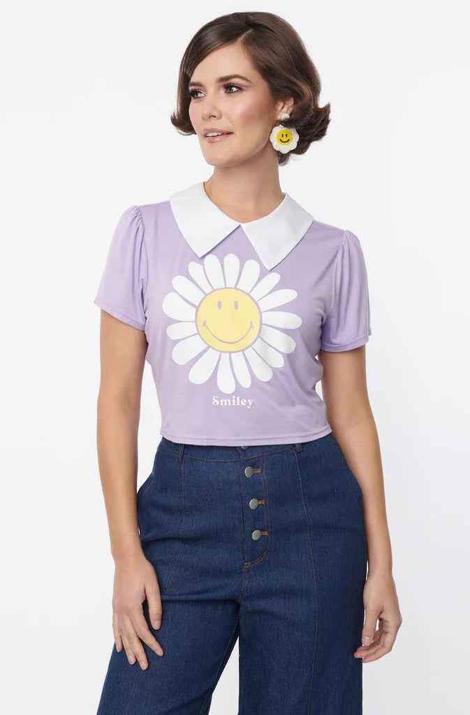 Shop Unique Vintage Unique Vintage x Smiley® Purple Flower Tee Top Top for women – premium loungewear and festival fashion at Spoiled Brat