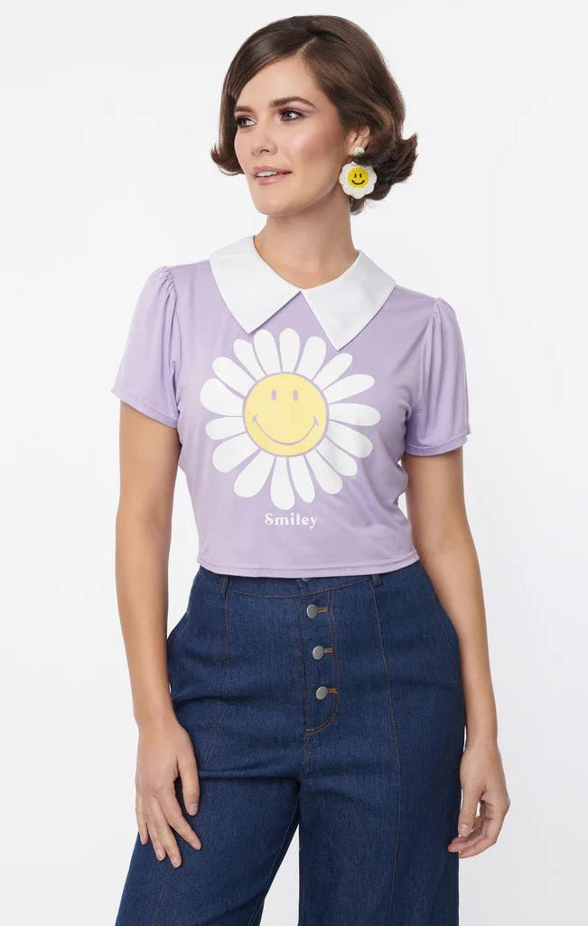 Shop Unique Vintage Unique Vintage x Smiley® Purple Flower Tee Top Top for women – premium loungewear and festival fashion at Spoiled Brat