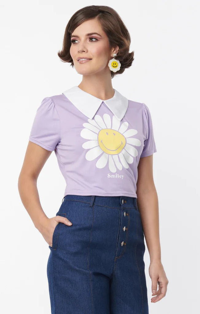 Shop Unique Vintage Unique Vintage x Smiley® Purple Flower Tee Top Top for women – premium loungewear and festival fashion at Spoiled Brat