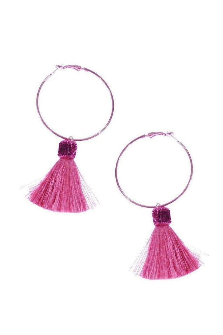 Shop Suzywan DELUXE Suzywan DELUXE Fuchsia Tassel Hoop Earrings Earrings for women – premium loungewear and festival fashion at Spoiled Brat