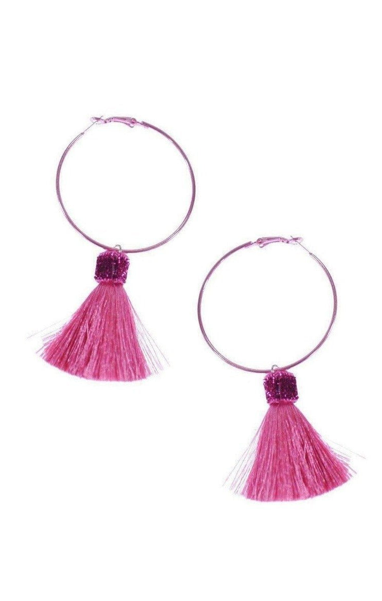 Shop Suzywan DELUXE Suzywan DELUXE Fuchsia Tassel Hoop Earrings Earrings for women – premium loungewear and festival fashion at Spoiled Brat