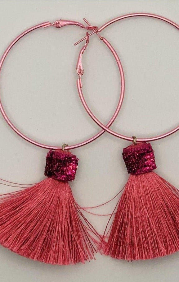 Shop Suzywan DELUXE Suzywan DELUXE Fuchsia Tassel Hoop Earrings Earrings for women – premium loungewear and festival fashion at Spoiled Brat
