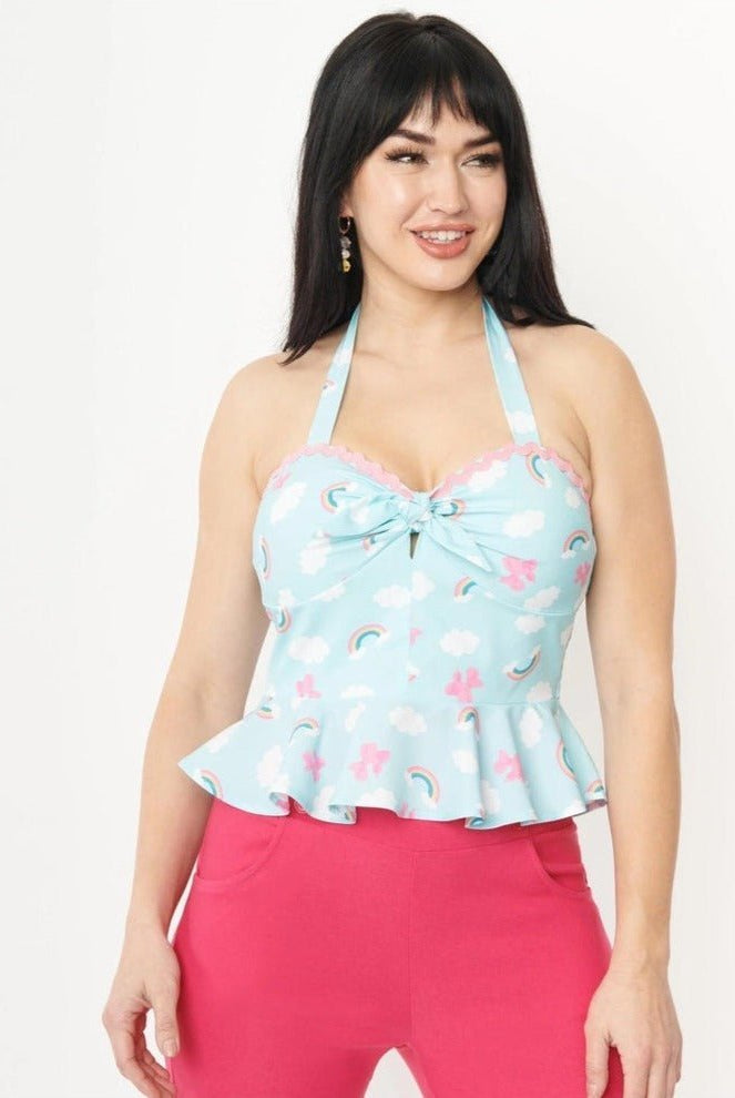 Shop Unique Vintage Unique Vintage Aqua & Rainbow Print Peplum Halter Top Top for women – premium loungewear and festival fashion at Spoiled Brat