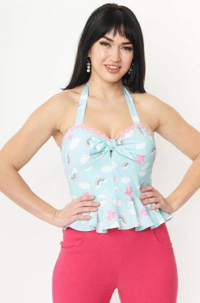 Shop Unique Vintage Unique Vintage Aqua & Rainbow Print Peplum Halter Top Top for women – premium loungewear and festival fashion at Spoiled Brat