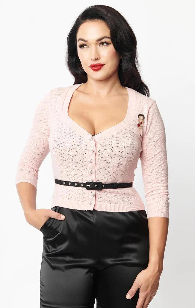 Shop Unique Vintage Unique Vintage Betty Boop x Unique Vintage Light Pink Sweetheart Cardigan Cardigan for women – premium loungewear and festival fashion at Spoiled Brat