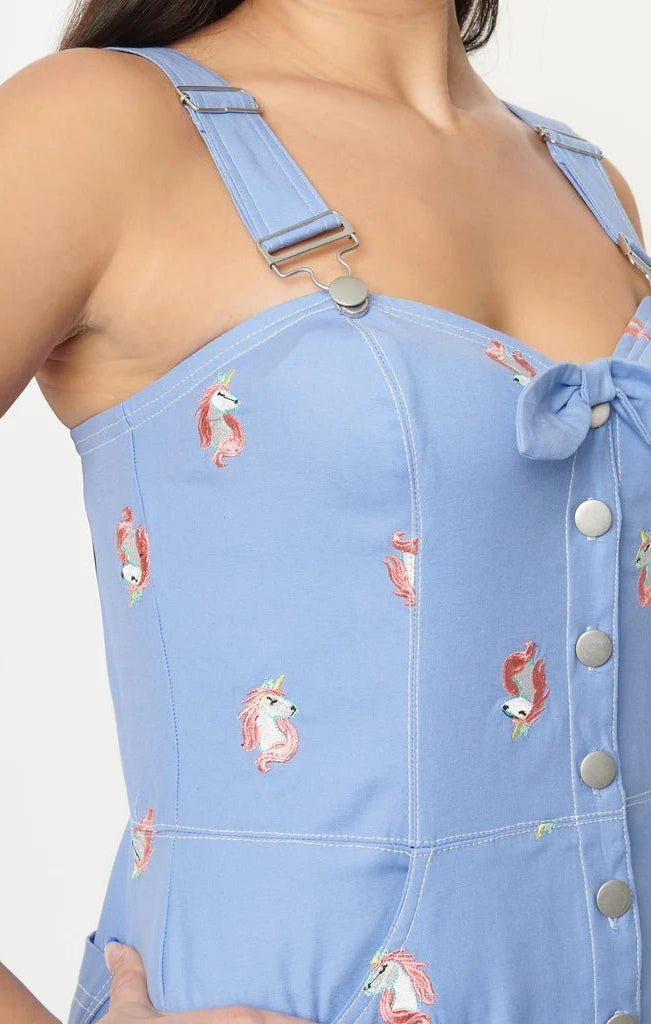 Shop Unique Vintage Unique Vintage Periwinkle Denim & Unicorn Fitted Pinafore Dress for women – premium loungewear and festival fashion at Spoiled Brat