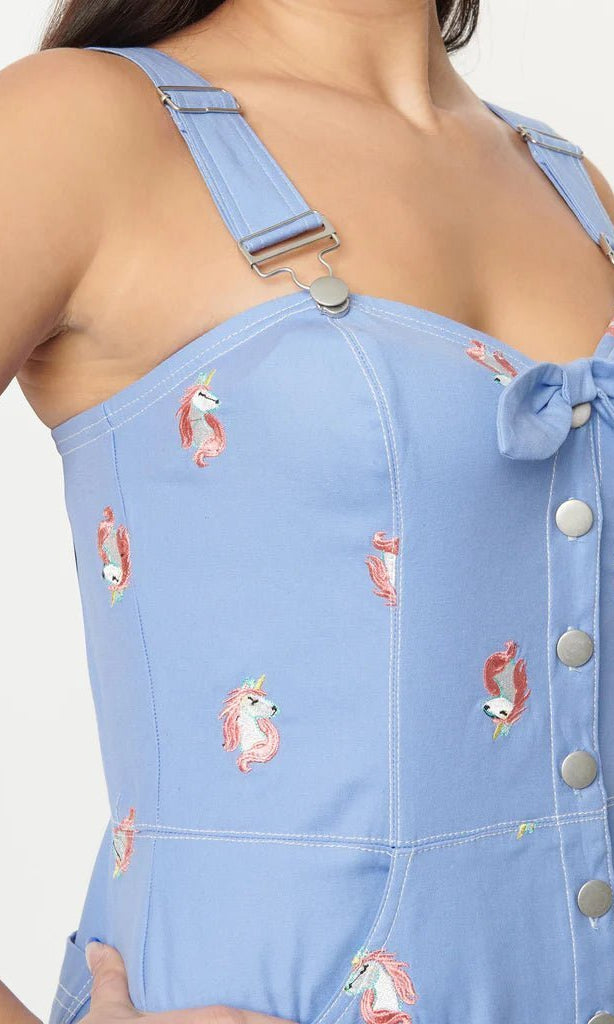 Shop Unique Vintage Unique Vintage Periwinkle Denim & Unicorn Fitted Pinafore Dress for women – premium loungewear and festival fashion at Spoiled Brat