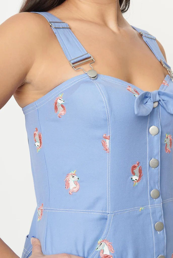 Shop Unique Vintage Unique Vintage Periwinkle Denim & Unicorn Fitted Pinafore Dress for women – premium loungewear and festival fashion at Spoiled Brat