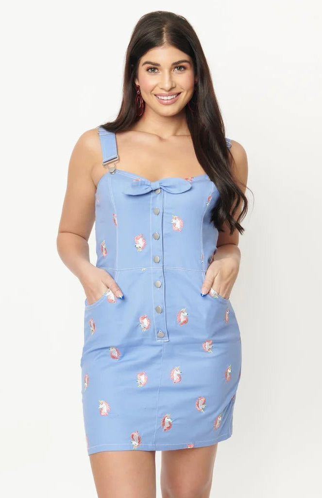Shop Unique Vintage Unique Vintage Periwinkle Denim & Unicorn Fitted Pinafore Dress for women – premium loungewear and festival fashion at Spoiled Brat