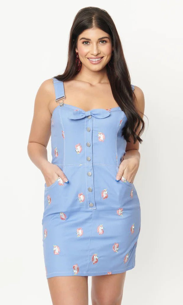 Shop Unique Vintage Unique Vintage Periwinkle Denim & Unicorn Fitted Pinafore Dress for women – premium loungewear and festival fashion at Spoiled Brat