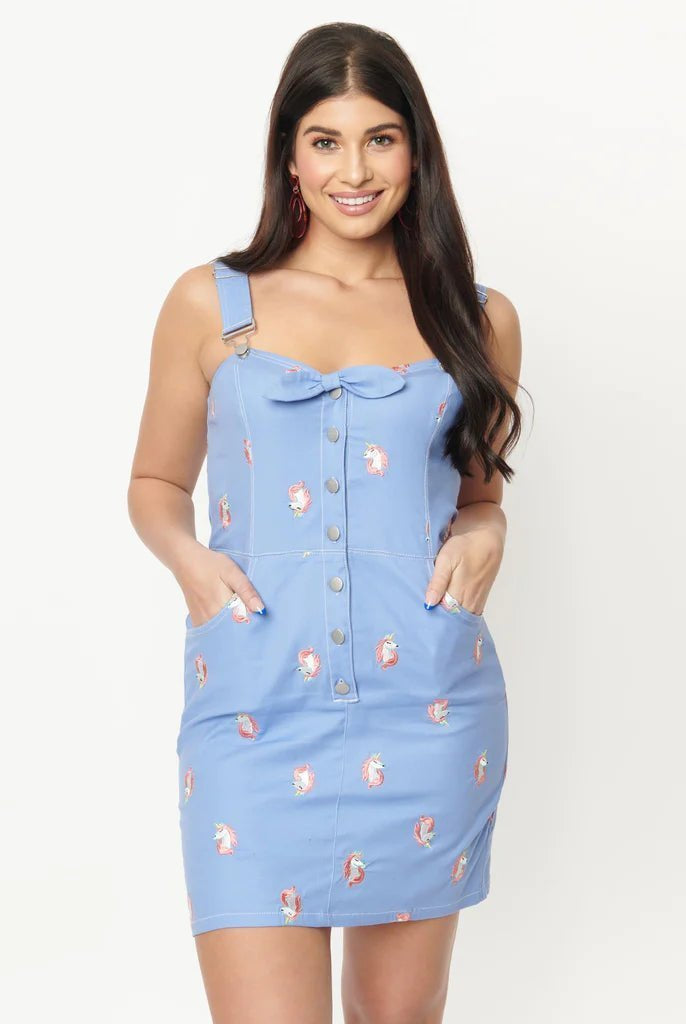 Shop Unique Vintage Unique Vintage Periwinkle Denim & Unicorn Fitted Pinafore Dress for women – premium loungewear and festival fashion at Spoiled Brat
