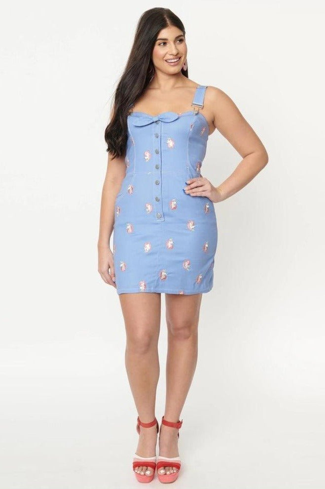 Shop Unique Vintage Unique Vintage Periwinkle Denim & Unicorn Fitted Pinafore Dress for women – premium loungewear and festival fashion at Spoiled Brat