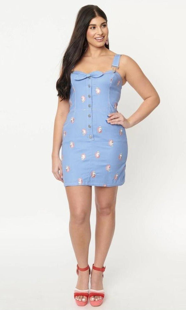 Shop Unique Vintage Unique Vintage Periwinkle Denim & Unicorn Fitted Pinafore Dress for women – premium loungewear and festival fashion at Spoiled Brat